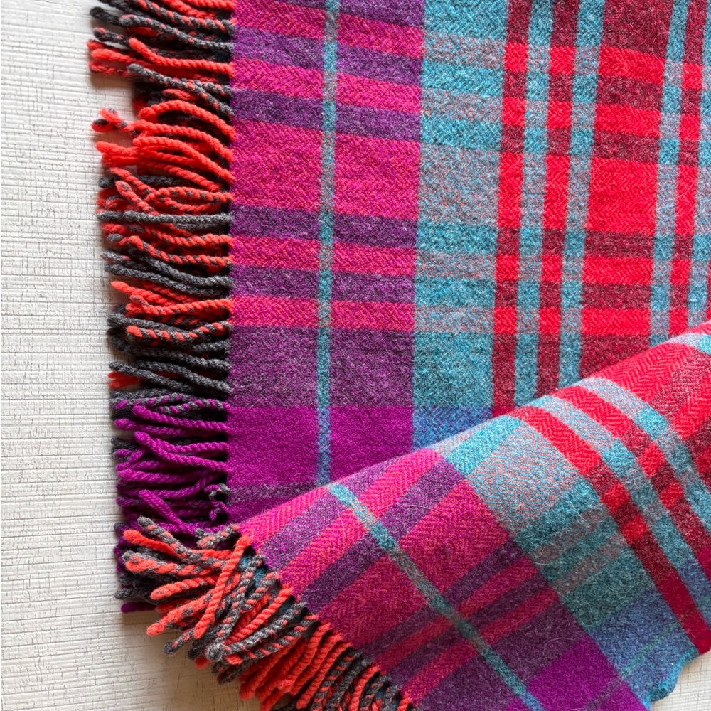 CB2 Pink and Blue Plaid Throw Blanket - Picture 5 of 7